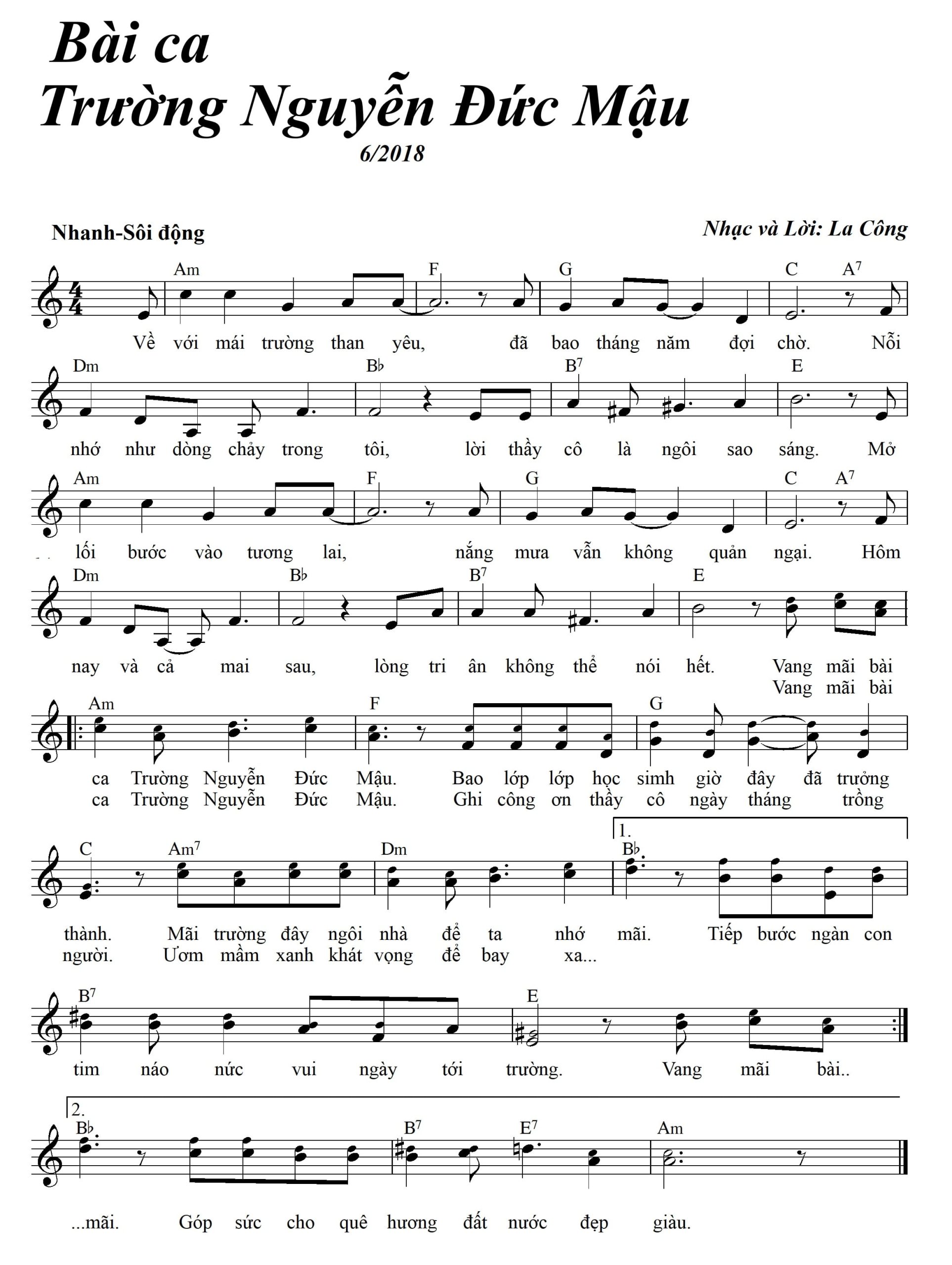 Sheet nhạc Bài ca Trường Nguyễn Đức Mậu - Trang 1
