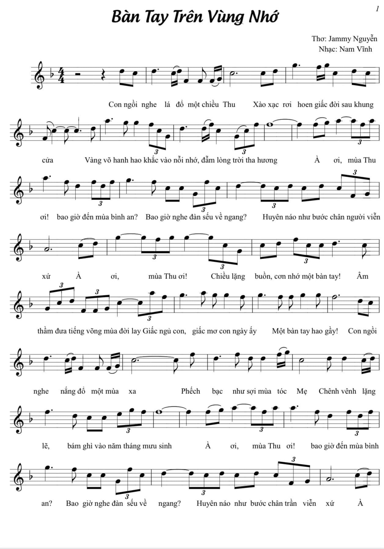 Sheet nhạc Bàn tay trên vùng nhớ - Trang 1