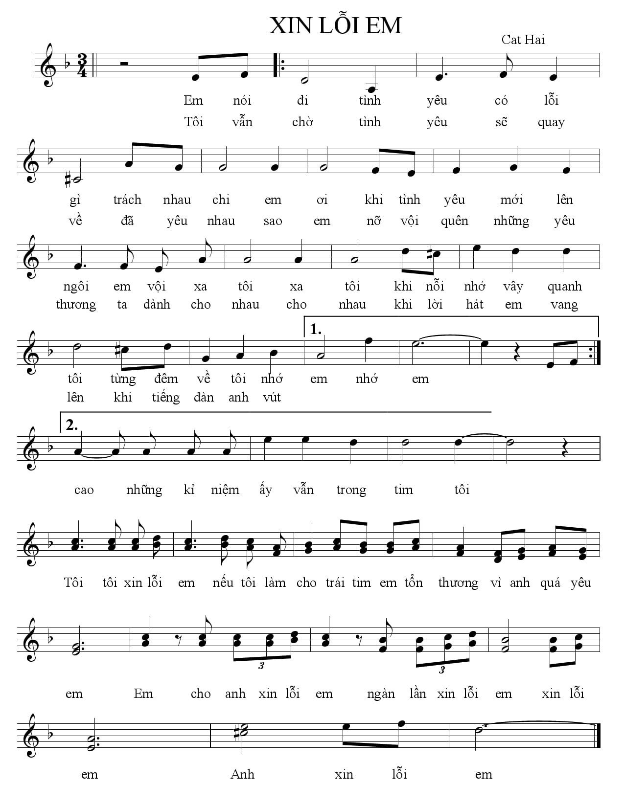 Sheet nhạc Xin lỗi em - Trang 1