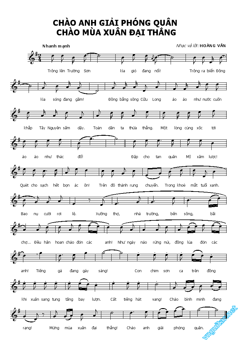 Sheet nhạc Chào anh giải phóng quân chào mùa xuân đại thắng - Trang 1