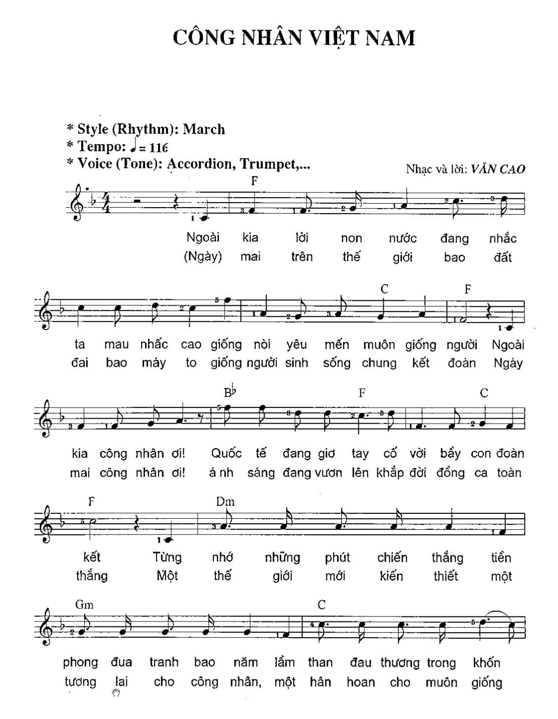 Sheet nhạc Công nhân Việt Nam - Trang 1