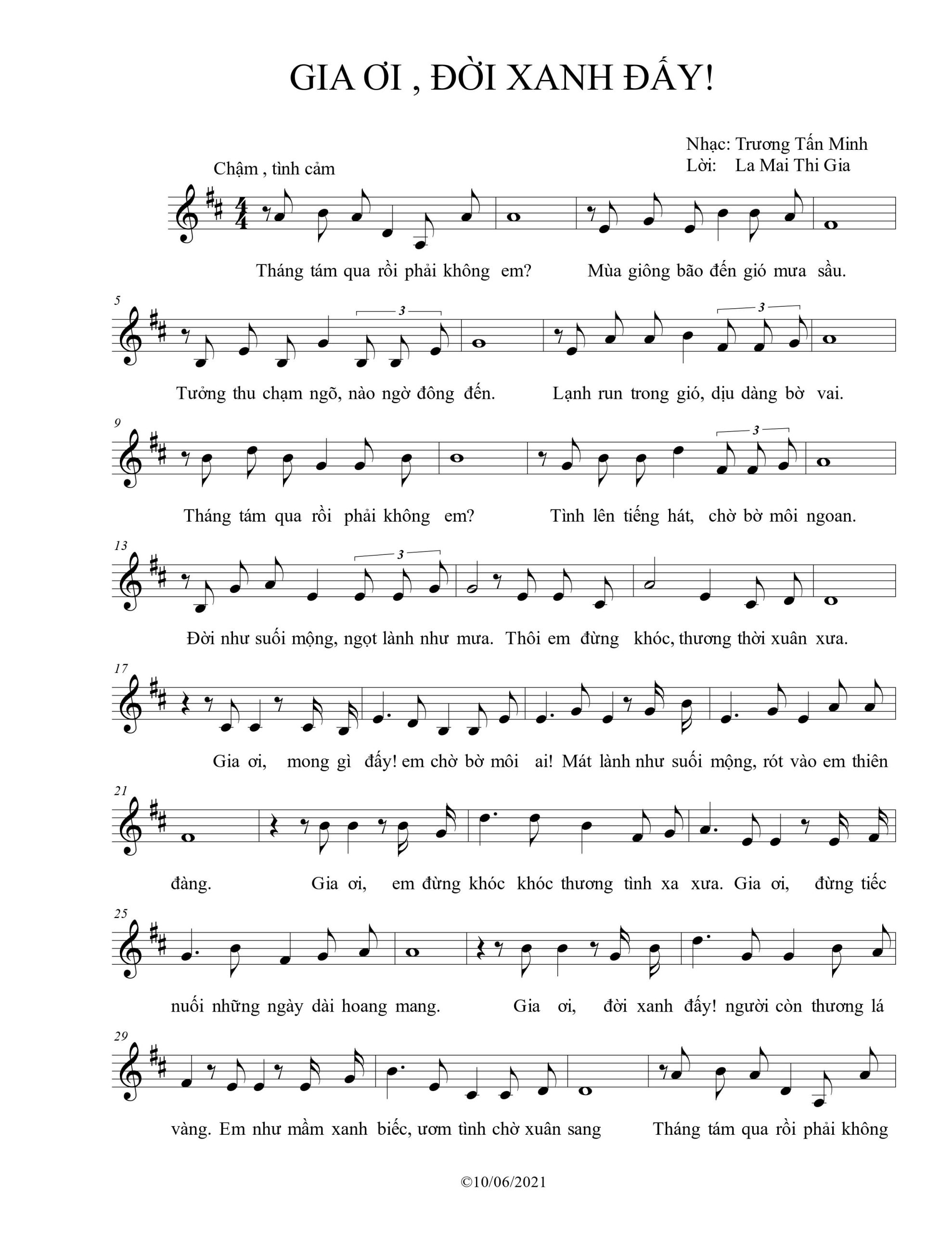 Sheet nhạc Gia ơi! Đời xanh đấy - Trang 1