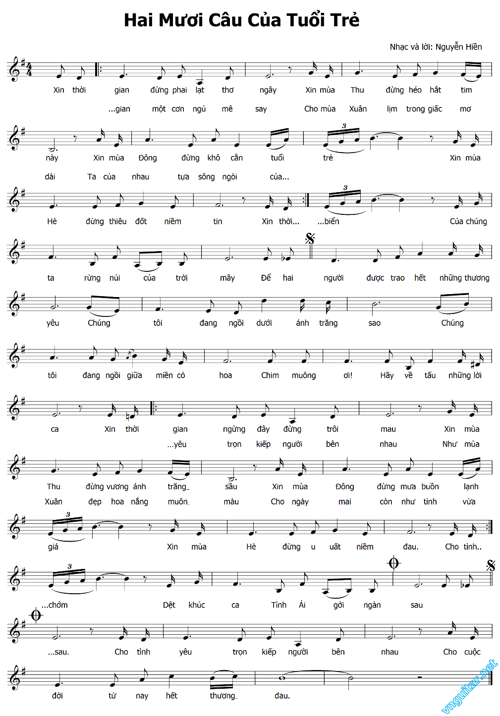Sheet nhạc Hai mươi câu của tuổi trẻ - Trang 1