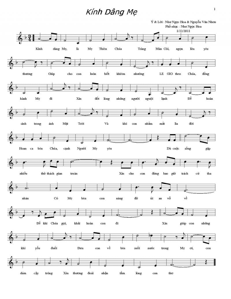Sheet nhạc Kính dâng Mẹ - Trang 1