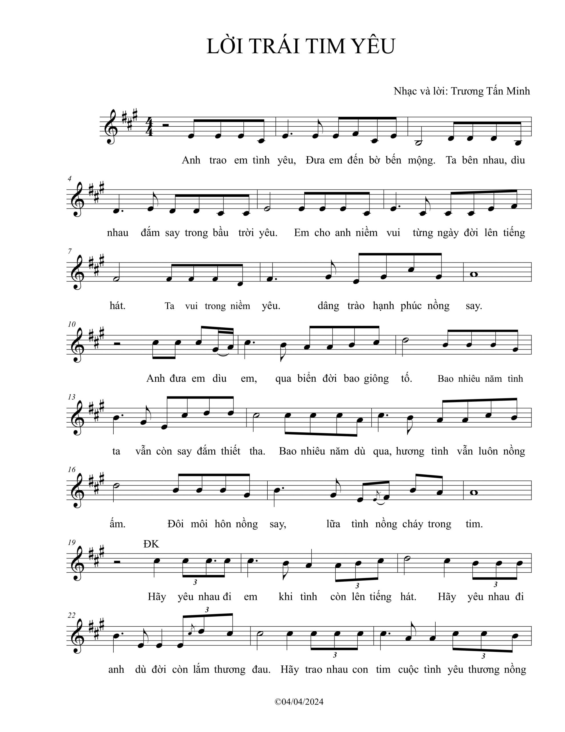 Sheet nhạc Lời trái tim yêu - Trang 1