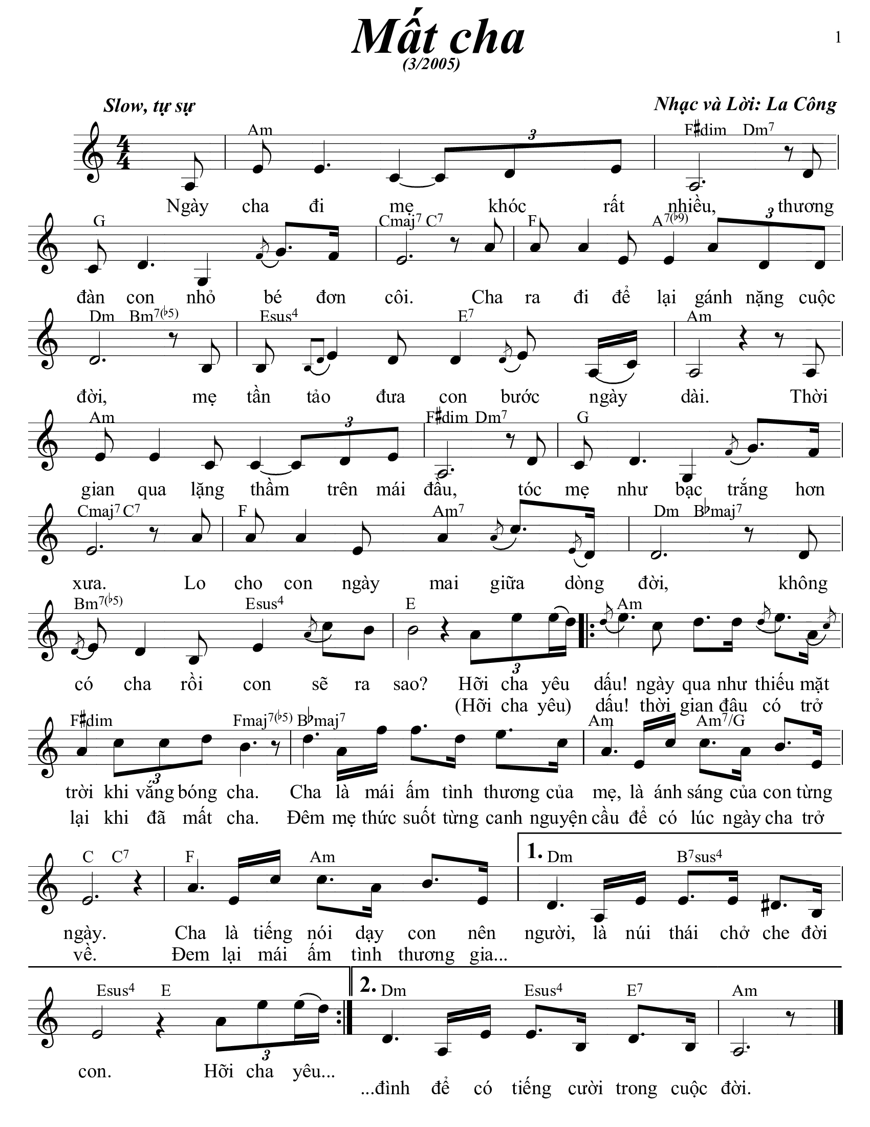 Sheet nhạc Mất cha - Trang 1