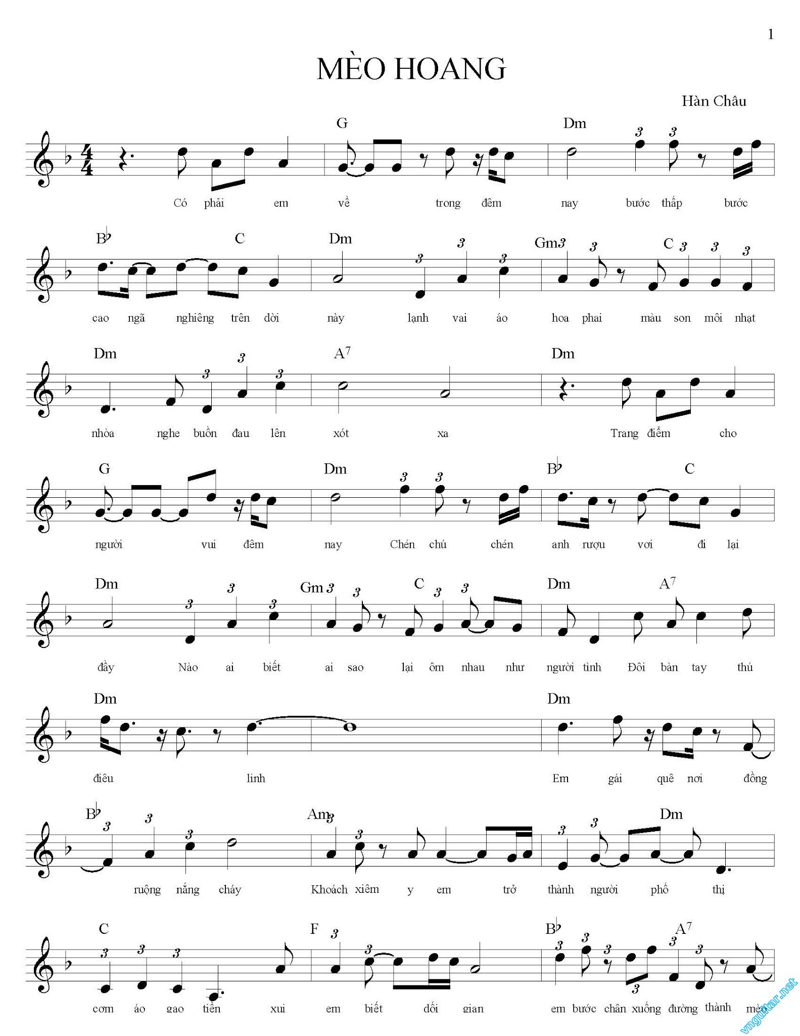 Sheet nhạc Mèo hoang - Trang 1