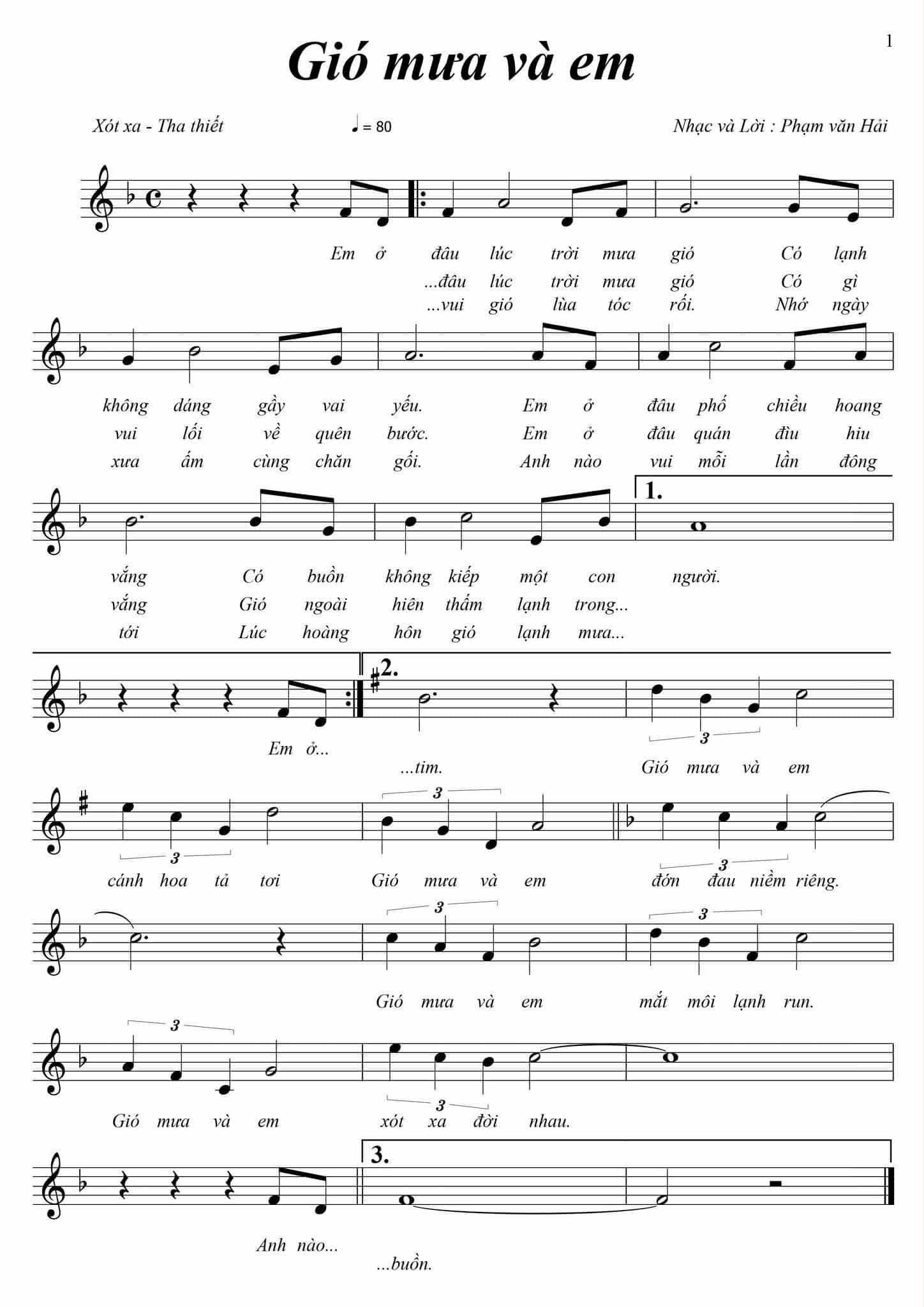 Sheet nhạc Gió mưa và em - Trang 1