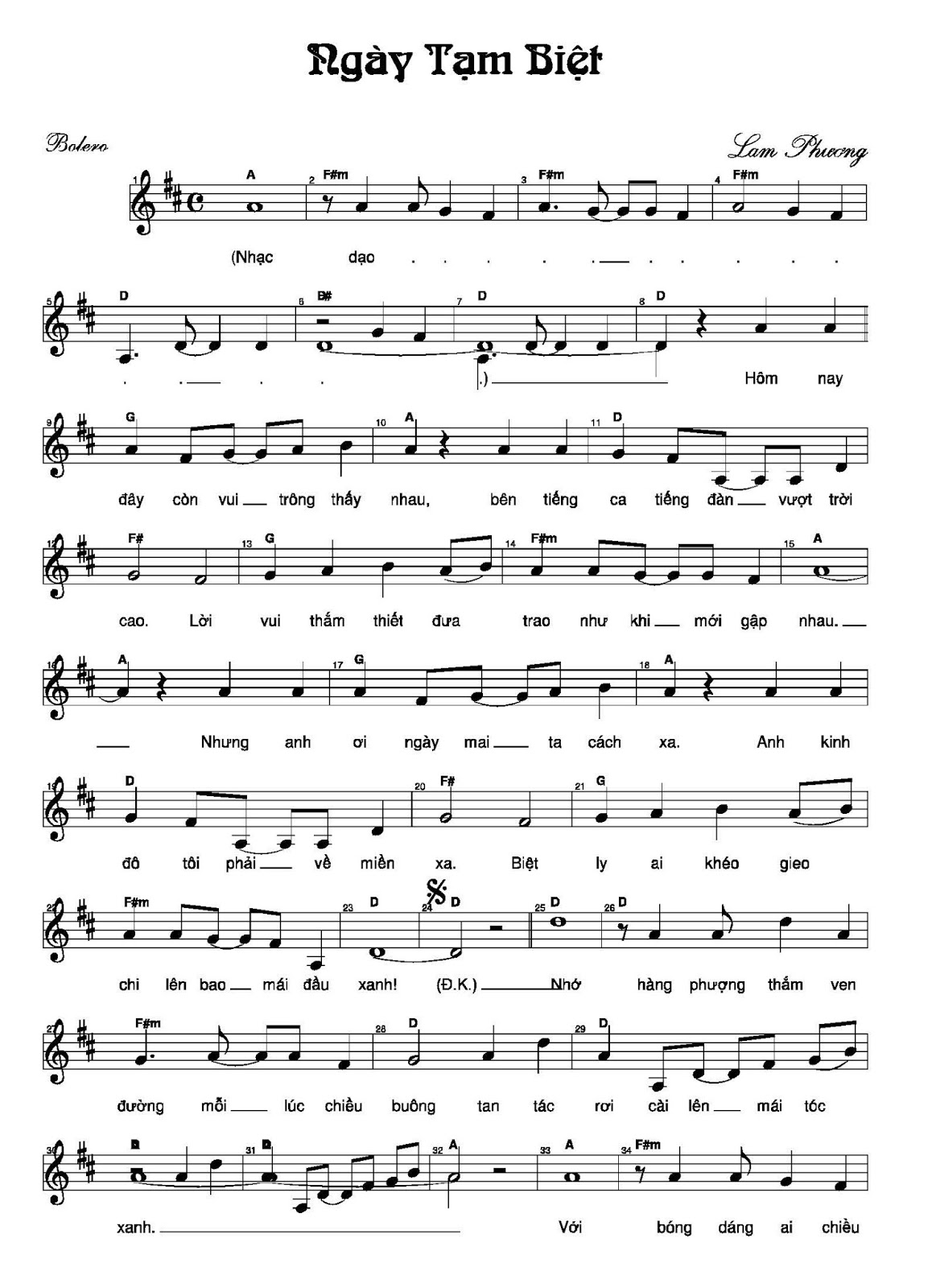 Sheet nhạc Ngày tạm biệt - Trang 1