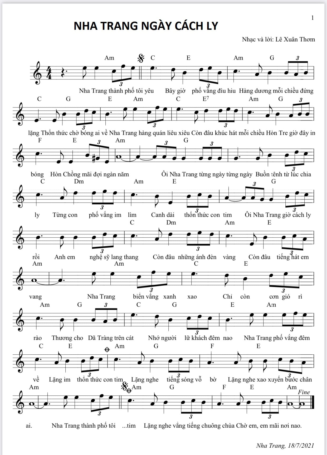 Sheet nhạc Nha Trang ngày cách ly - Trang 1