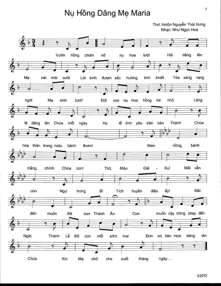 Sheet nhạc Nụ hồng dâng Mẹ Maria - Trang 1