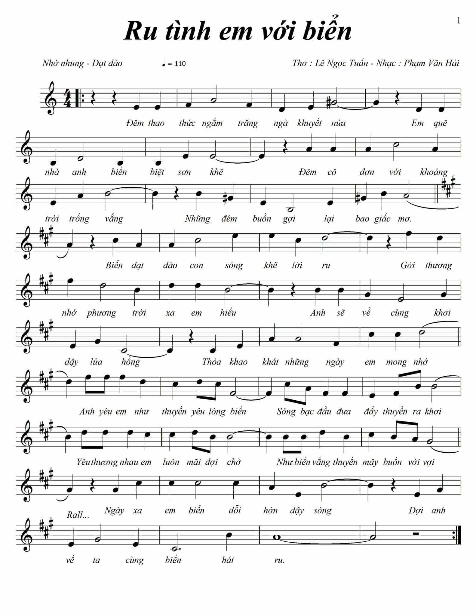 Sheet nhạc Ru tình em với biển - Trang 1