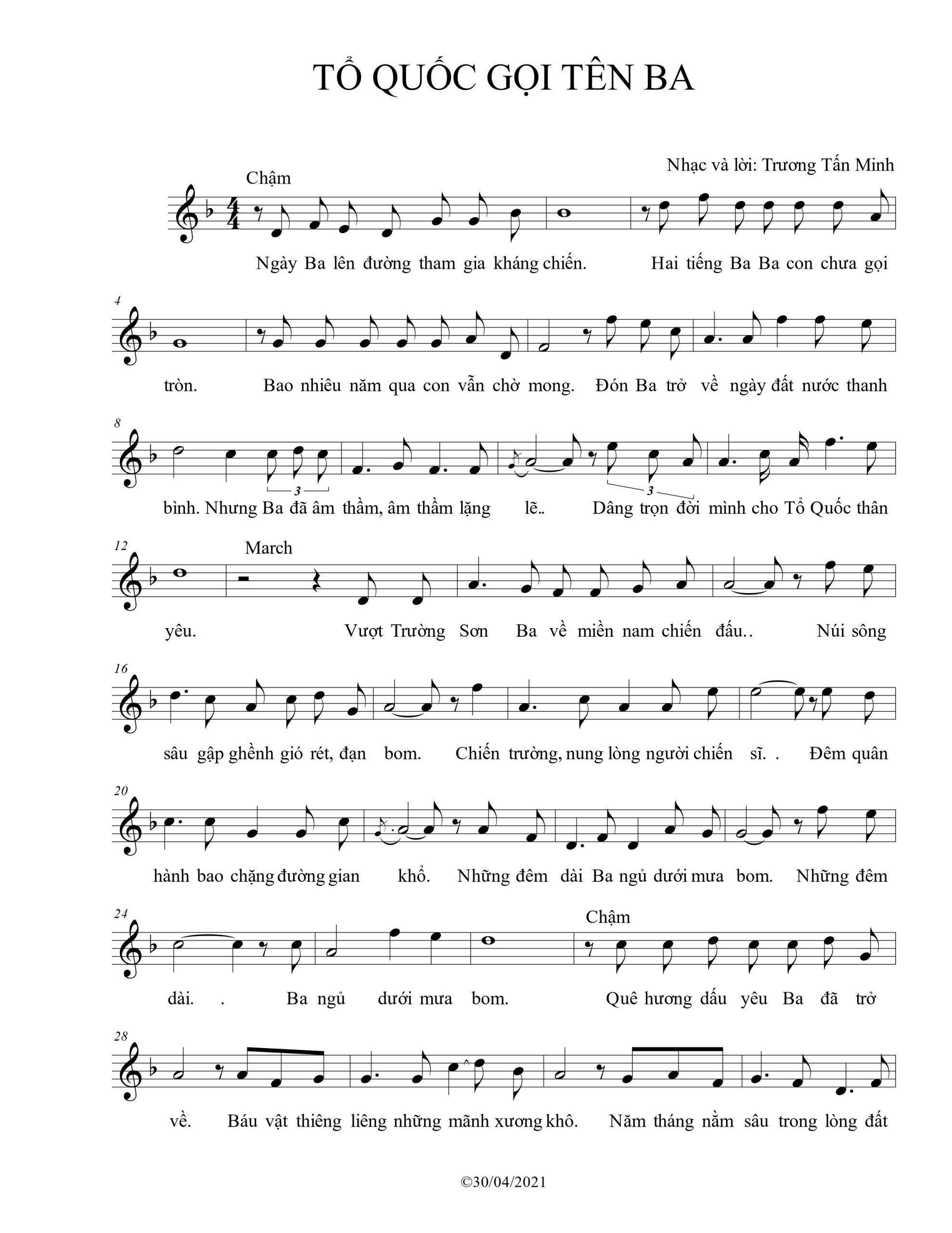 Sheet nhạc Tổ quốc gọi tên ba - Trang 1