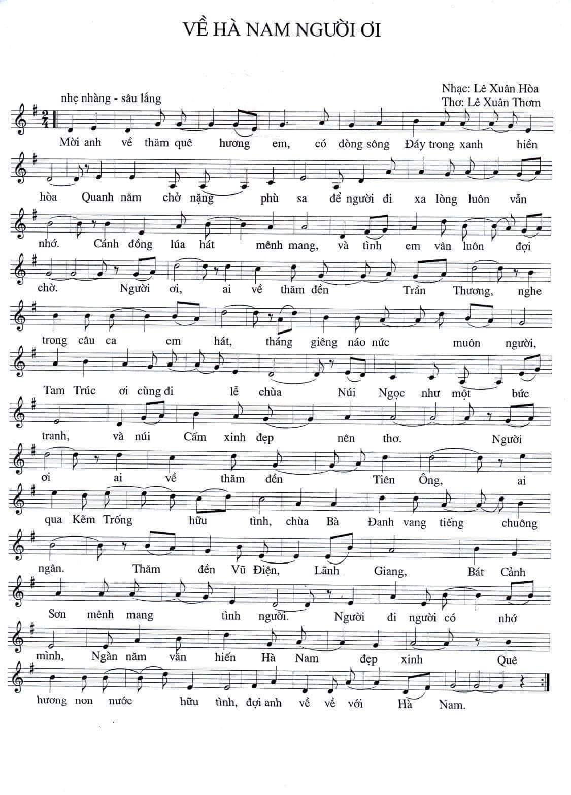Sheet nhạc Về Hà Nam người ơi - Trang 1