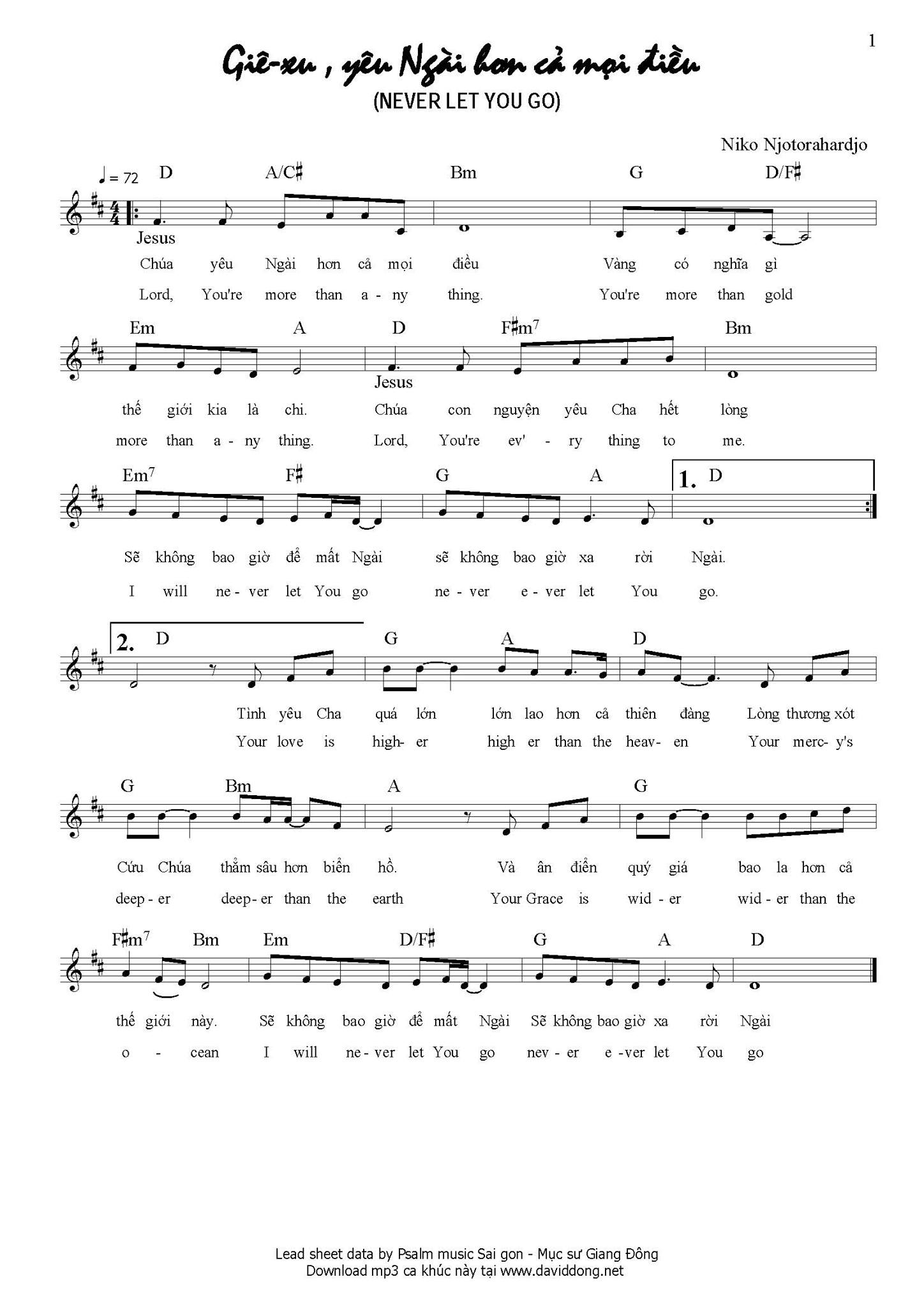 Sheet nhạc Giê-xu yêu Ngài hơn cả mọi điều (Never let you go) - Trang 1