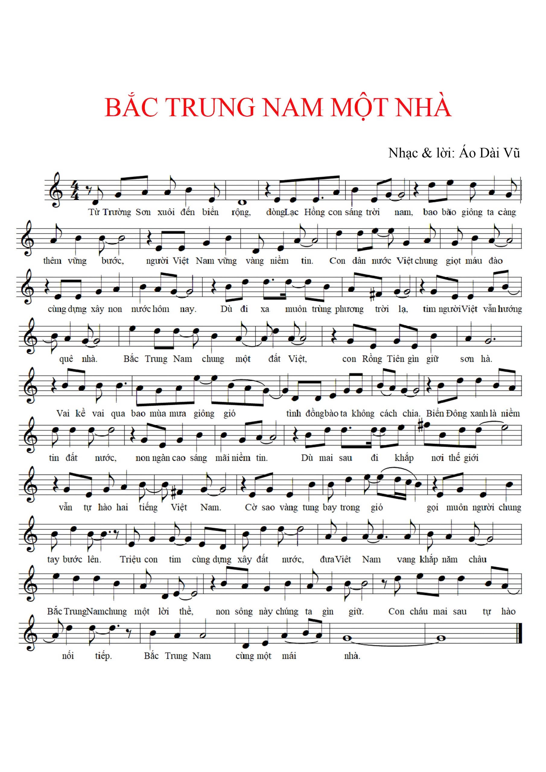 Bắc Trung Nam một nhà Sheet Nhạc