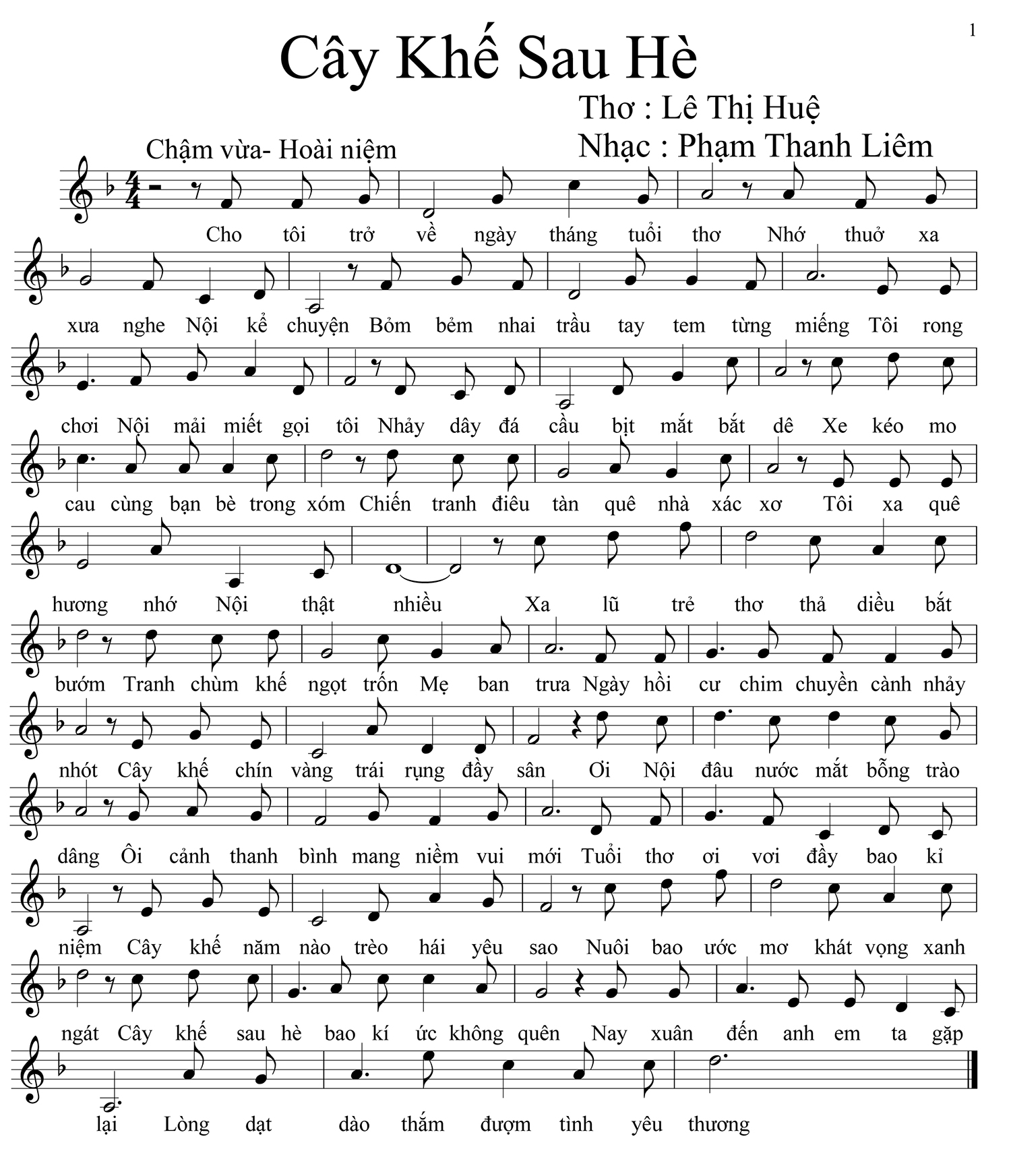 Sheet nhạc Cây khế sau hè - Trang 1