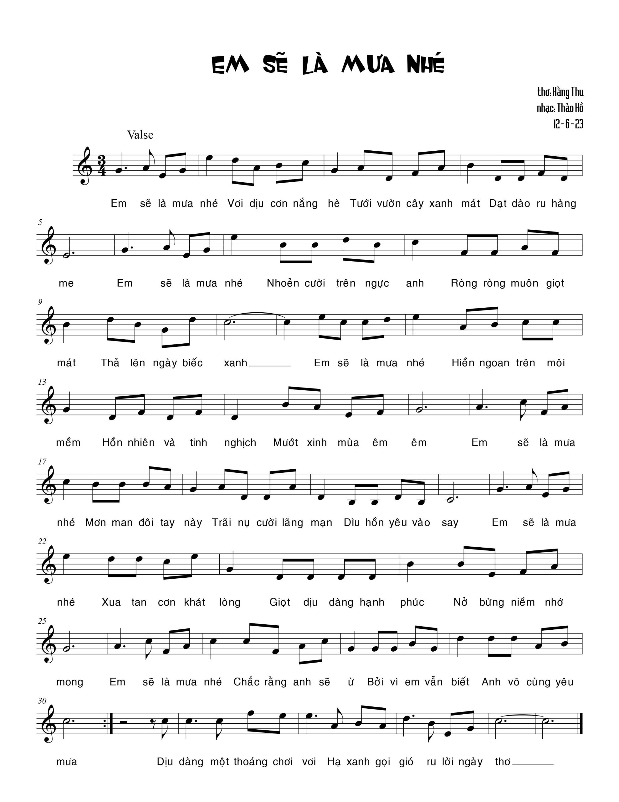 Sheet nhạc Em sẽ là mưa nhé ...! - Trang 1