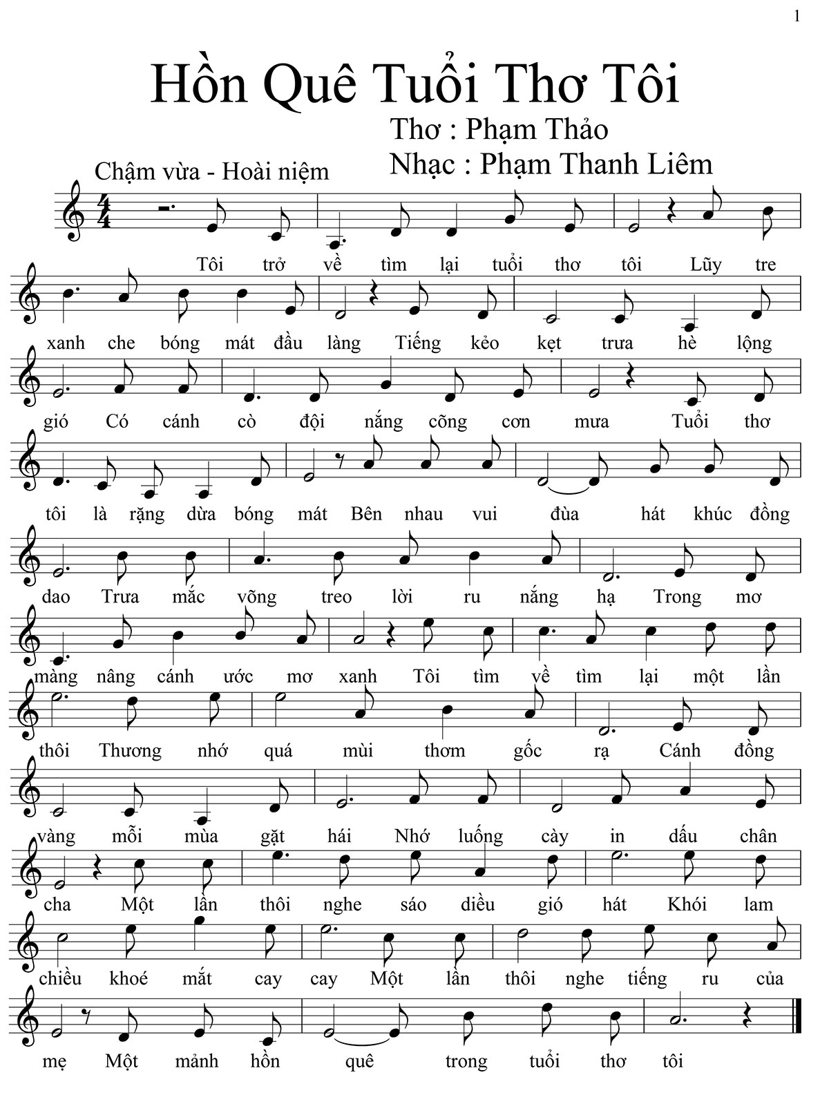 Sheet nhạc Hồn quê tuổi thơ tôi - Trang 1