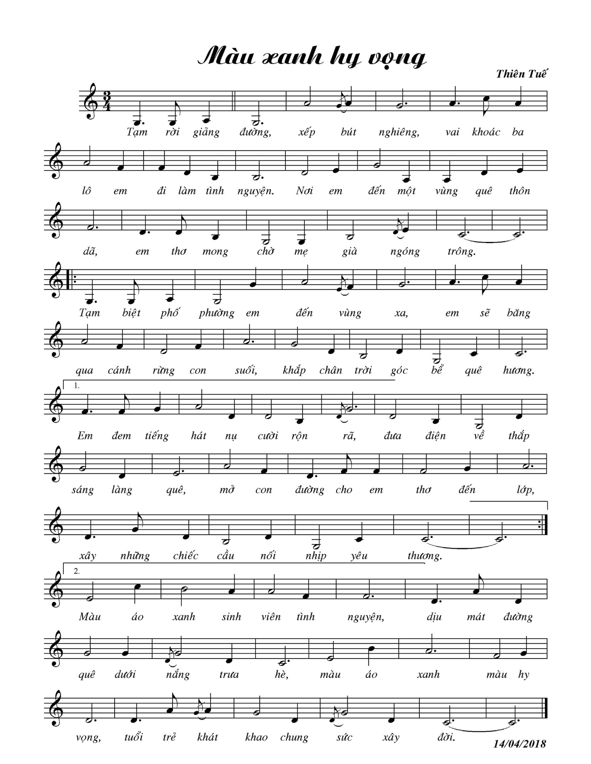 Sheet nhạc Màu xanh hy vọng - Trang 1