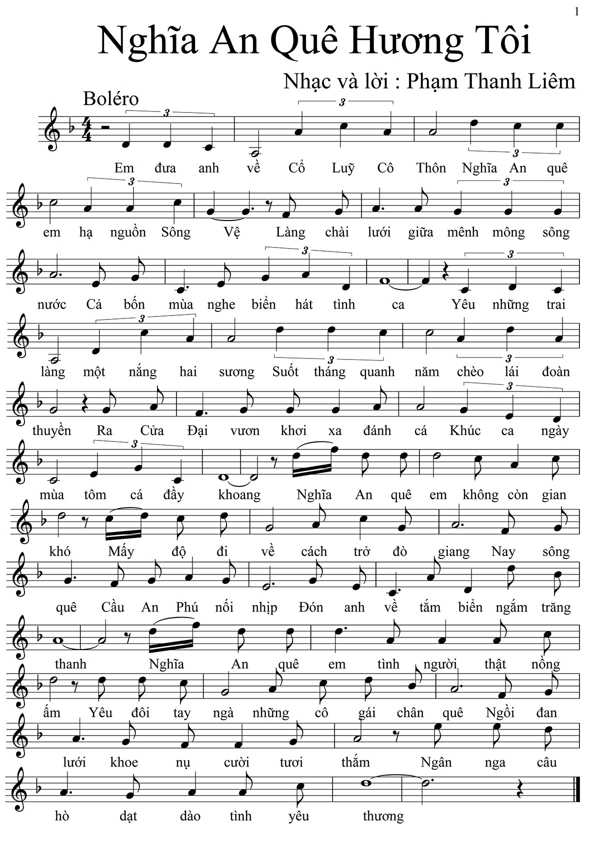 Sheet nhạc Nghĩa An quê hương tôi - Trang 1
