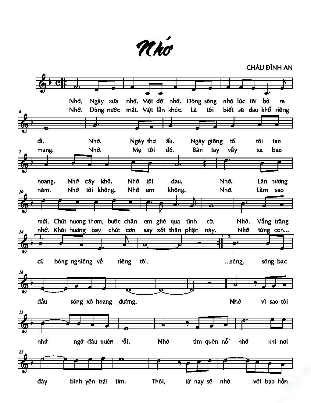 Sheet nhạc Nhớ - Trang 1