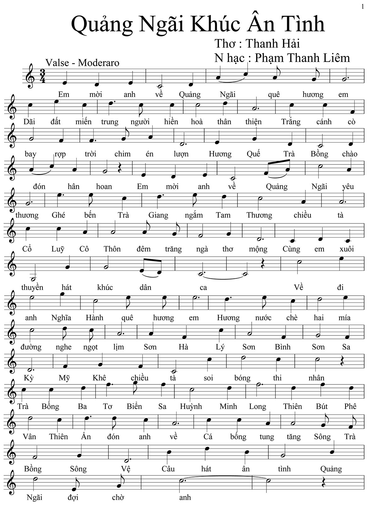 Sheet nhạc Quảng Ngãi khúc ân tình - Trang 1