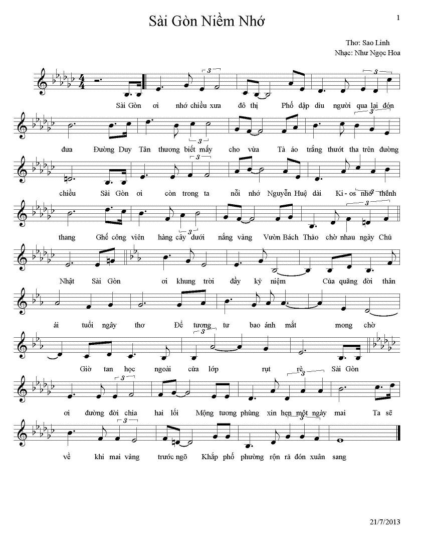 Sheet nhạc Sài Gòn niềm nhớ - Trang 1