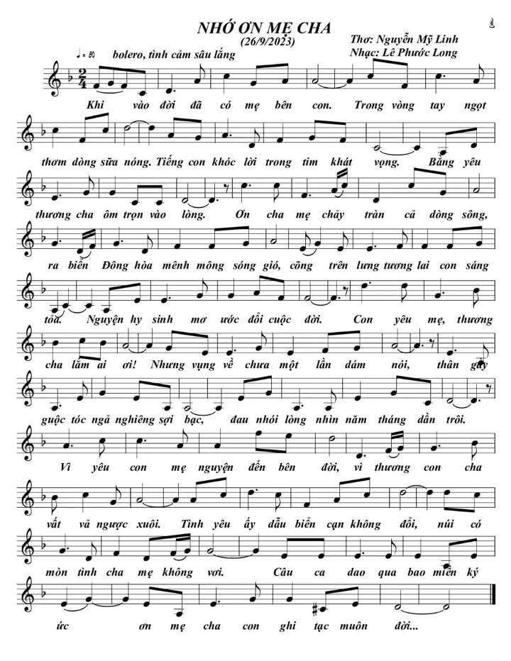 Sheet nhạc Nhớ ơn mẹ cha - Trang 1