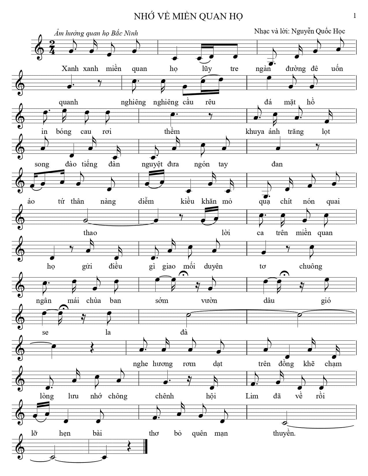 Sheet nhạc Nhớ về miền quan họ - Trang 1