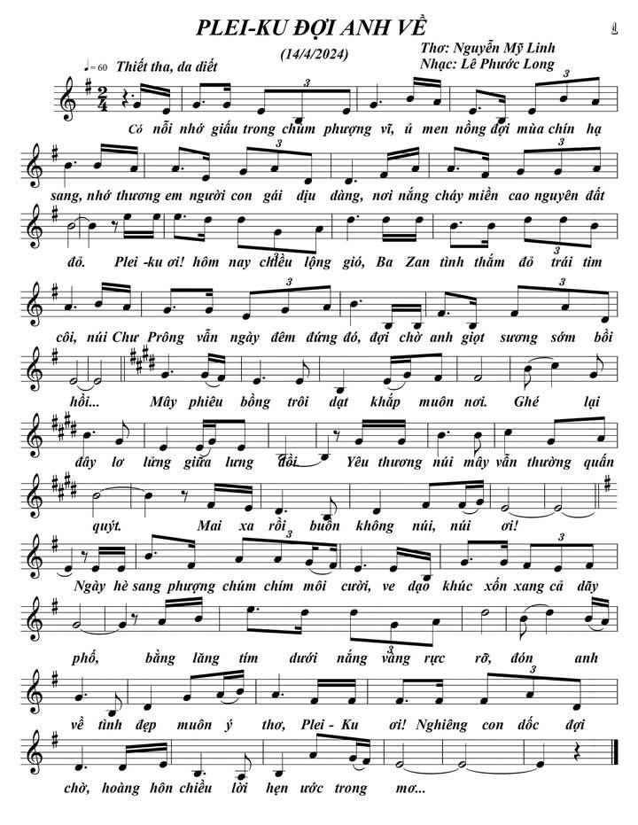 Sheet nhạc Pleiku đợi anh về - Trang 1
