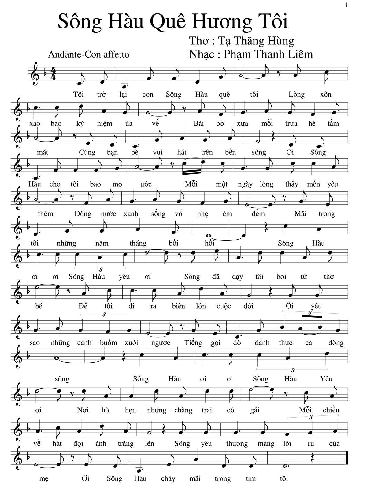 Sheet nhạc Sông Hàu quê hương tôi - Trang 1