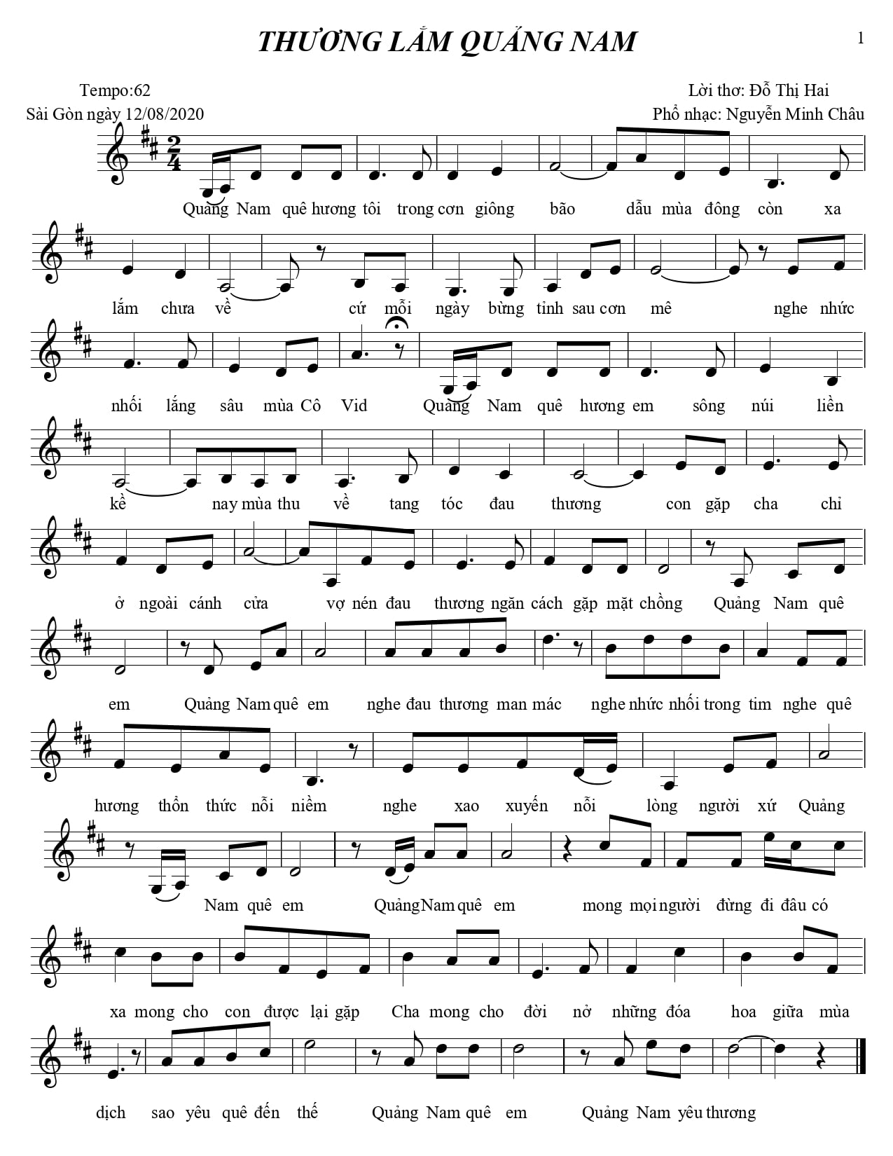 Sheet nhạc Thương lắm Quảng Nam - Trang 1