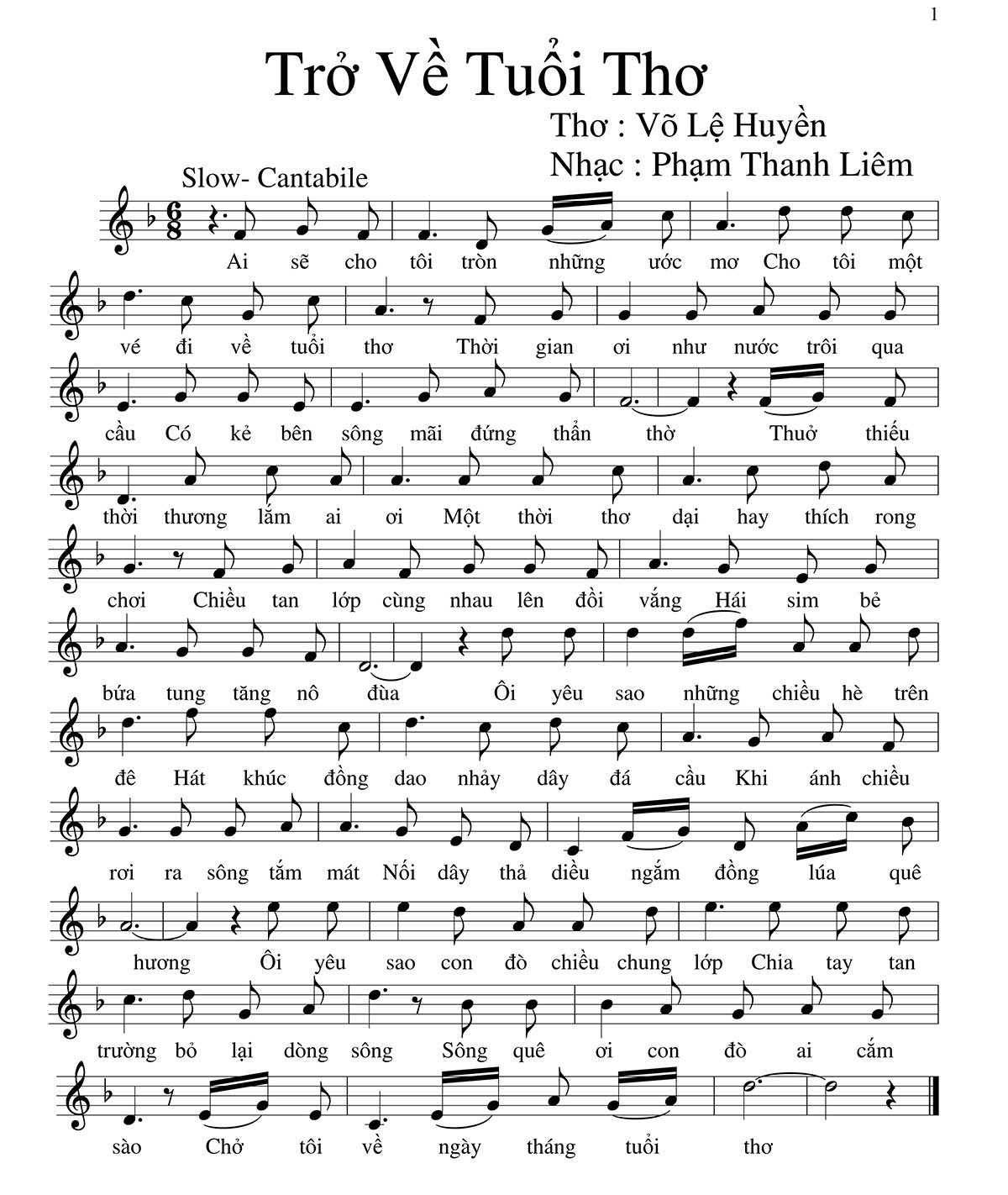 Sheet nhạc Trở về tuổi thơ - Trang 1