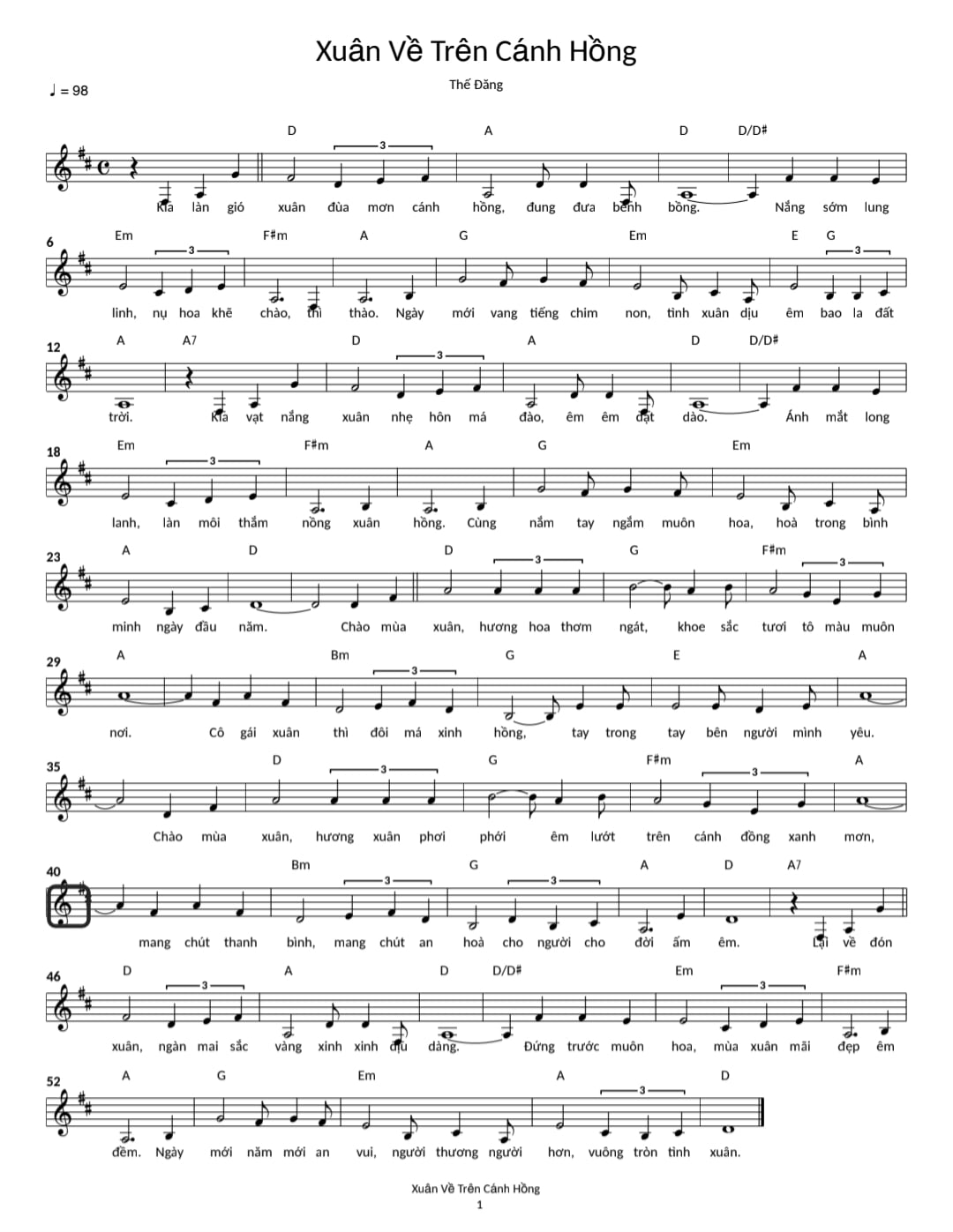 Sheet nhạc Xuân  về trên cánh hồng - Trang 1
