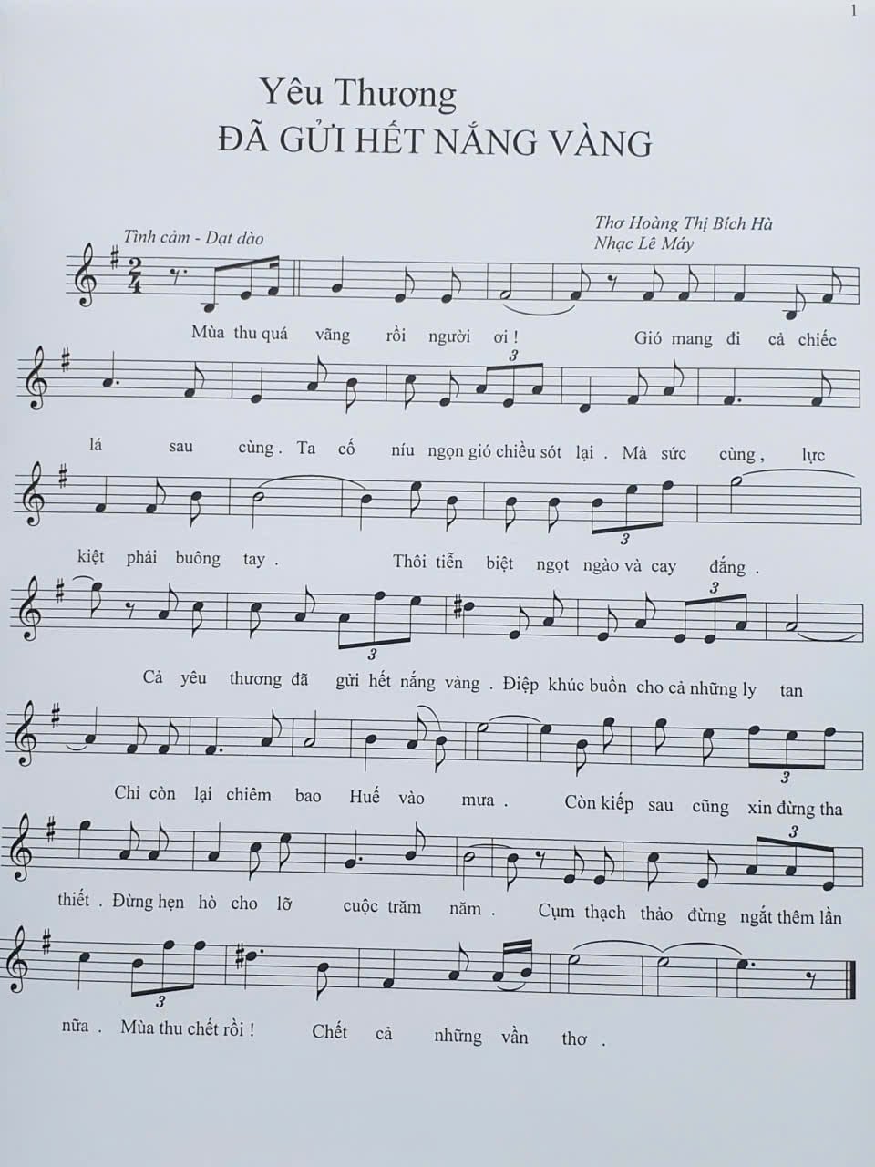 Sheet nhạc Yêu thương đã gửi hết nắng vàng - Trang 1