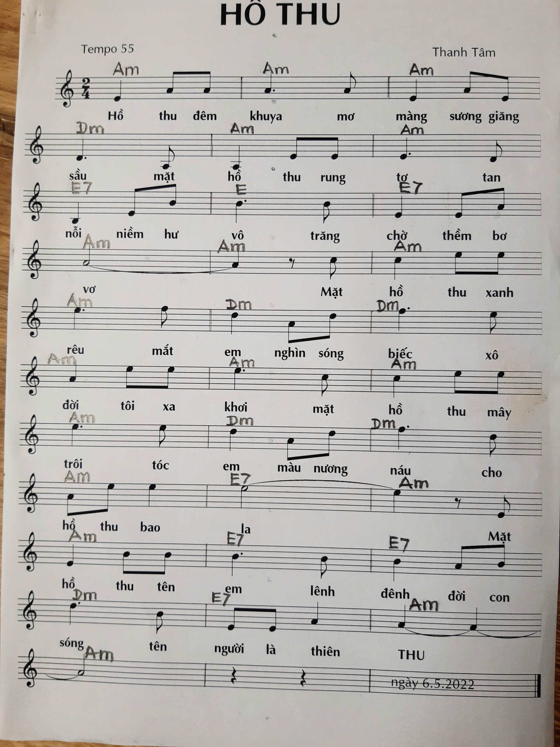 Sheet nhạc Hồ thu - Trang 1