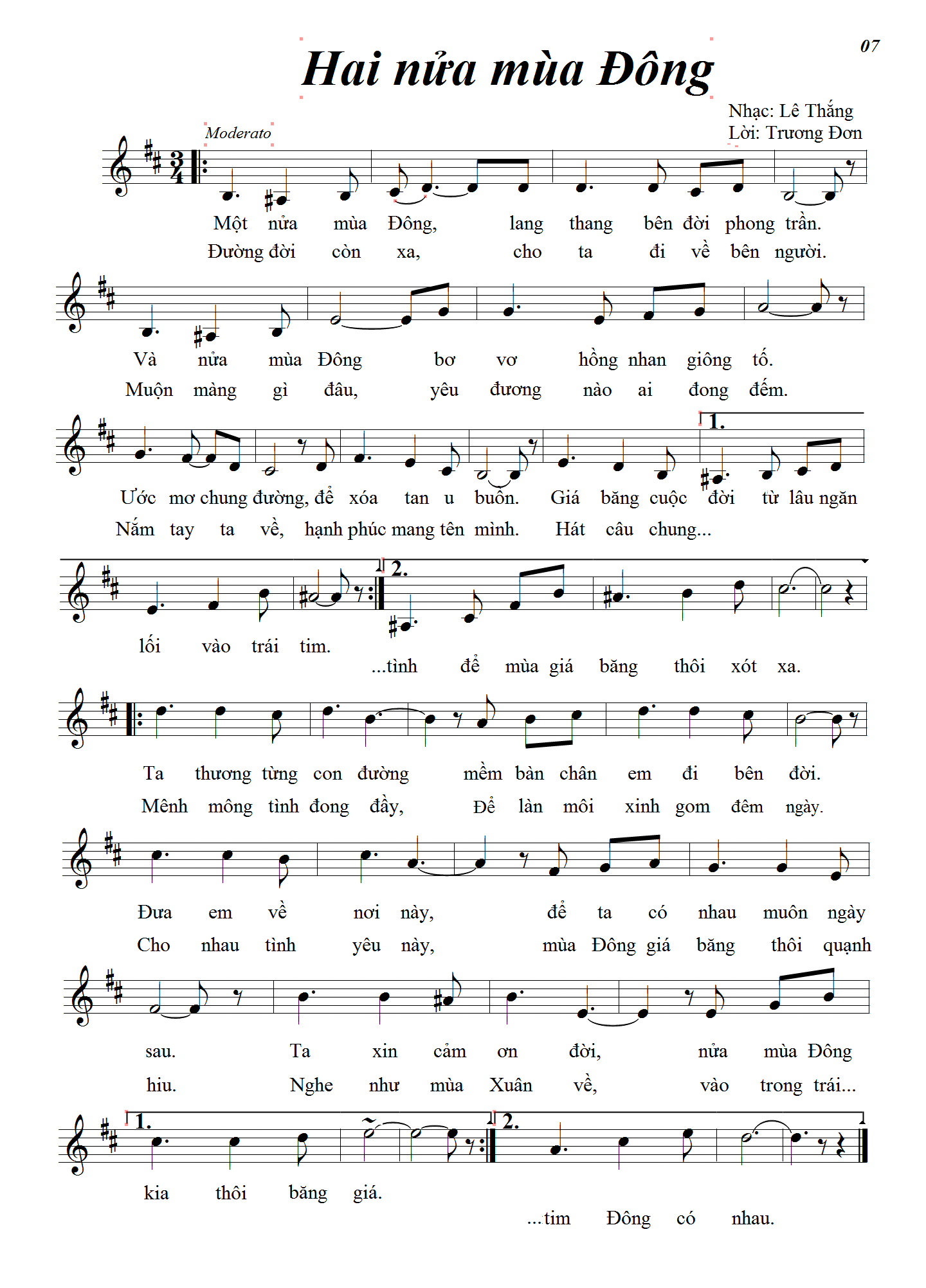 Sheet nhạc Hai nửa mùa Đông - Trang 1