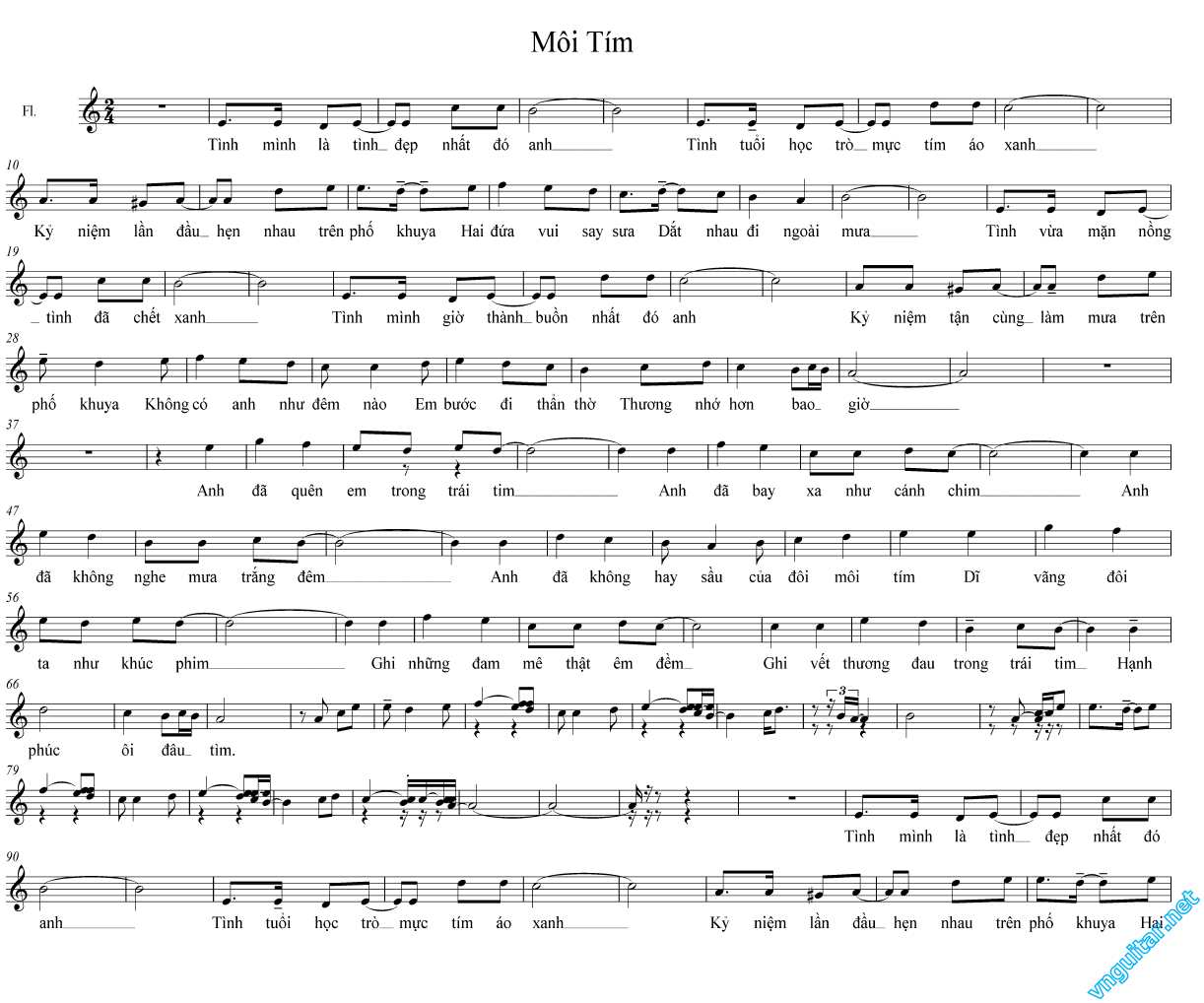 Sheet nhạc Môi tím (Làm người đàn ông vô cảm - Zou go muk tau jan - 做個木頭人) - Trang 1