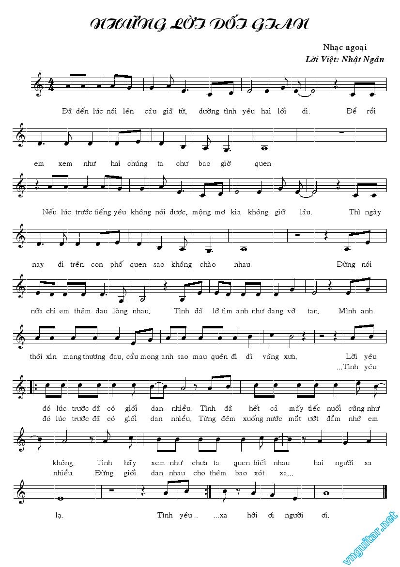 Sheet nhạc Những lời dối gian (Yêu người lãng tử - Lời nói không chân thành - Yán bù yóu zhōng - 言不由衷) (Thầm say mê - ngam leoi zyu mai - 暗里着迷) - Trang 1