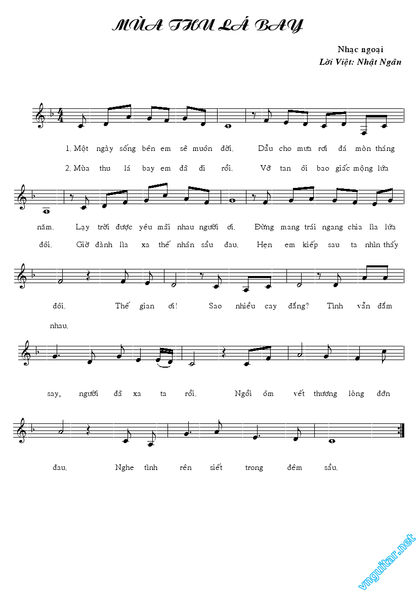Sheet nhạc Mùa thu lá bay (Thiên ngôn vạn ngữ - Qiān yán wàn yǔ - 千言万语) - Trang 1