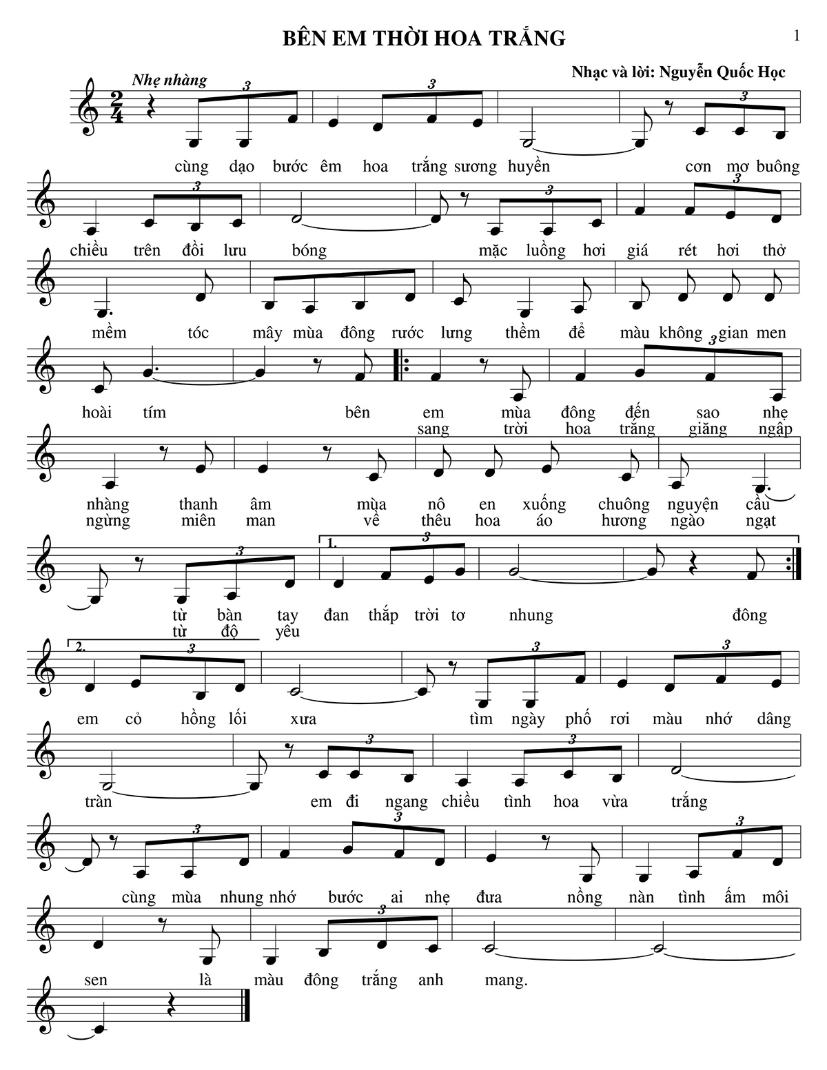 Bên em tìm thời hoa trắng Sheet Nhạc