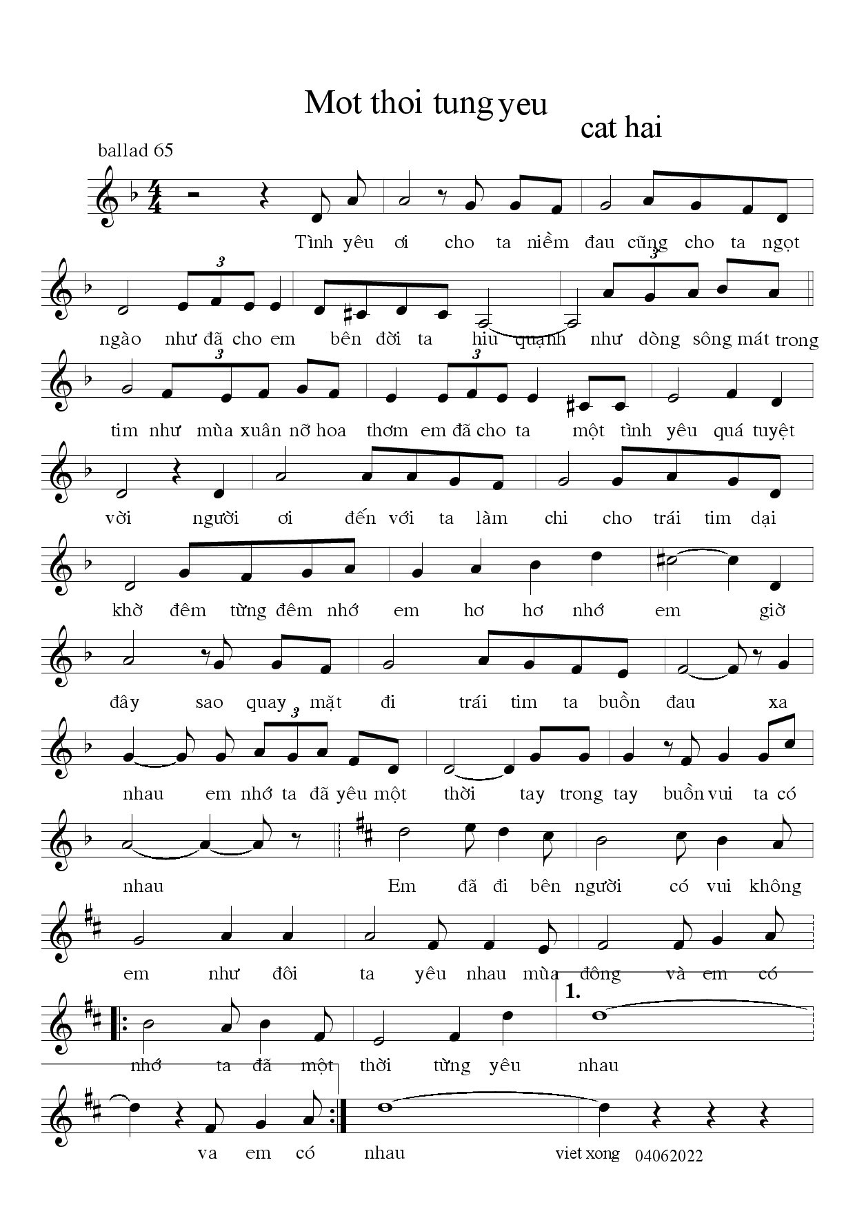 Sheet nhạc Một thời từng yêu - Trang 1