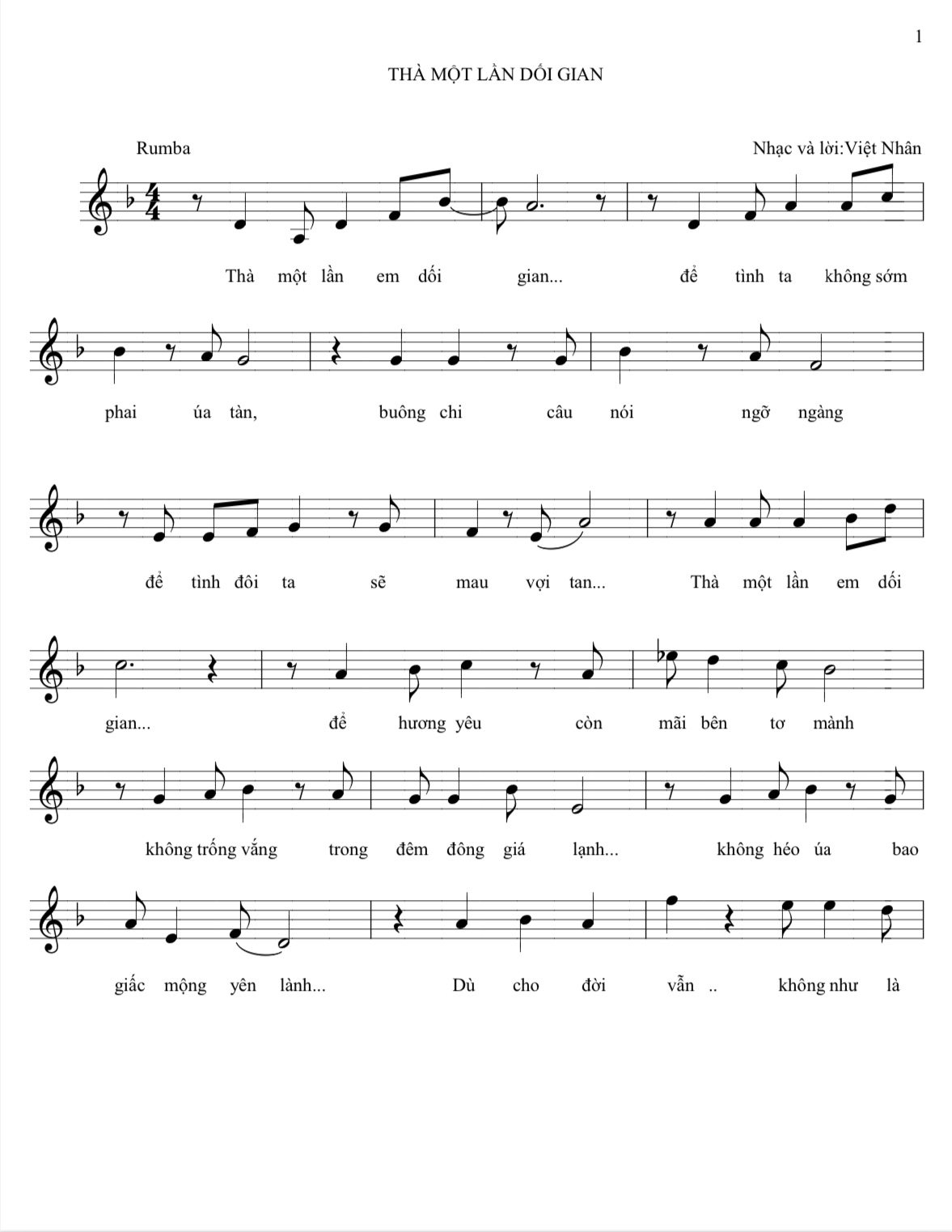 Sheet nhạc Thà một lần dối gian - Trang 1