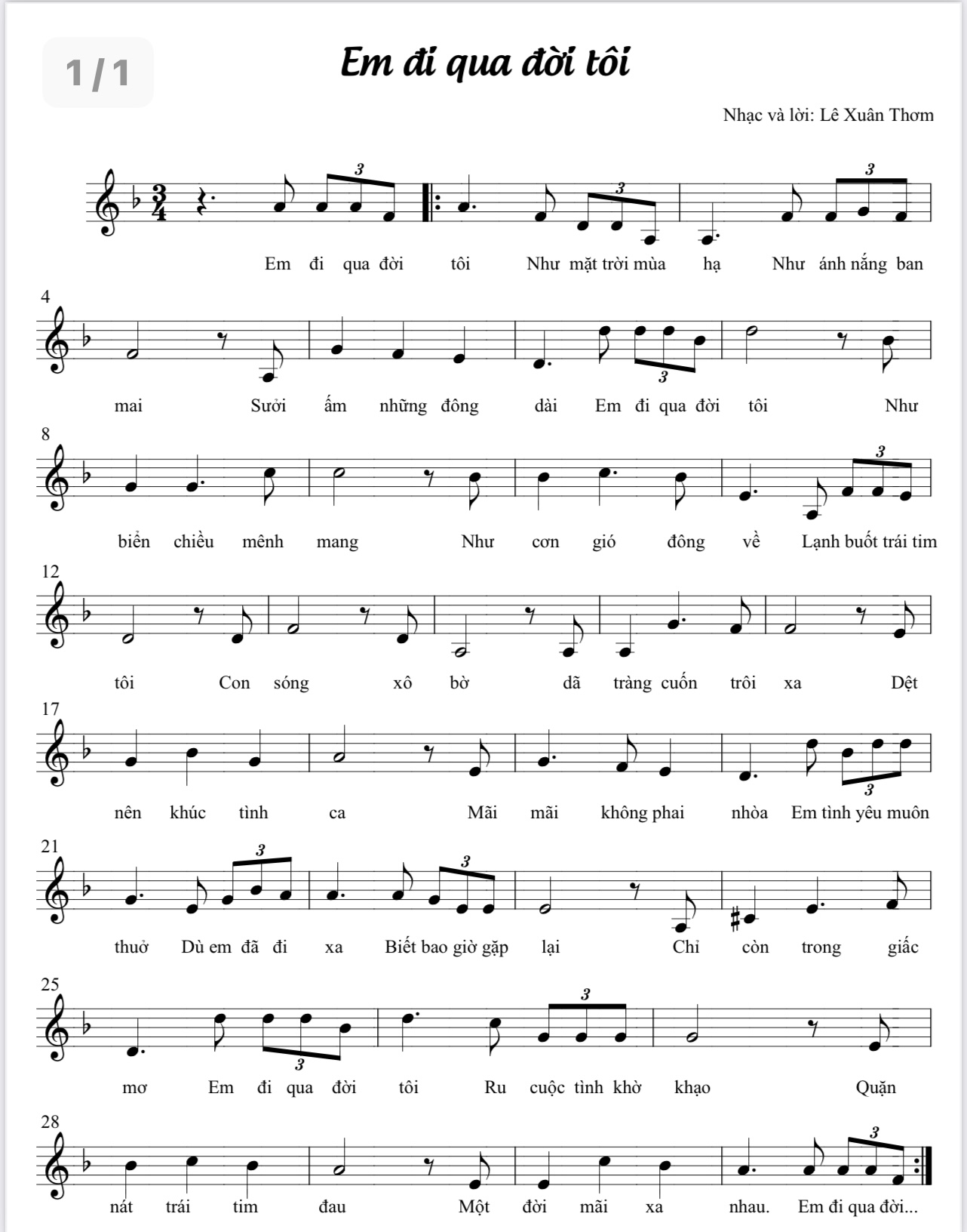 Sheet nhạc Em đi qua đời tôi - Trang 1