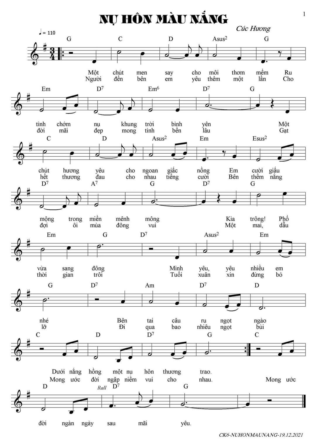 Sheet nhạc Nụ hôn màu nắng - Trang 2
