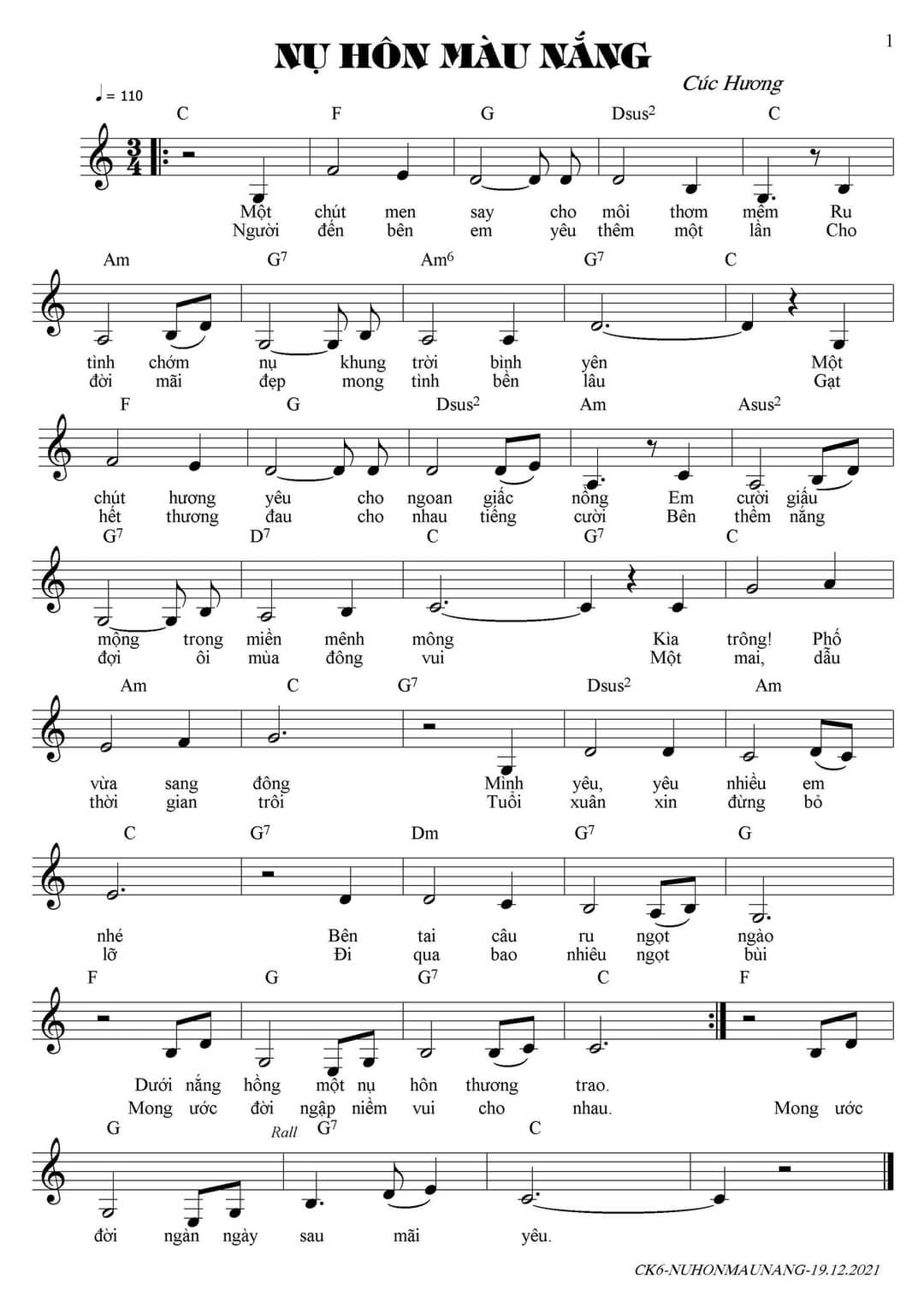 Sheet nhạc Nụ hôn màu nắng - Trang 1