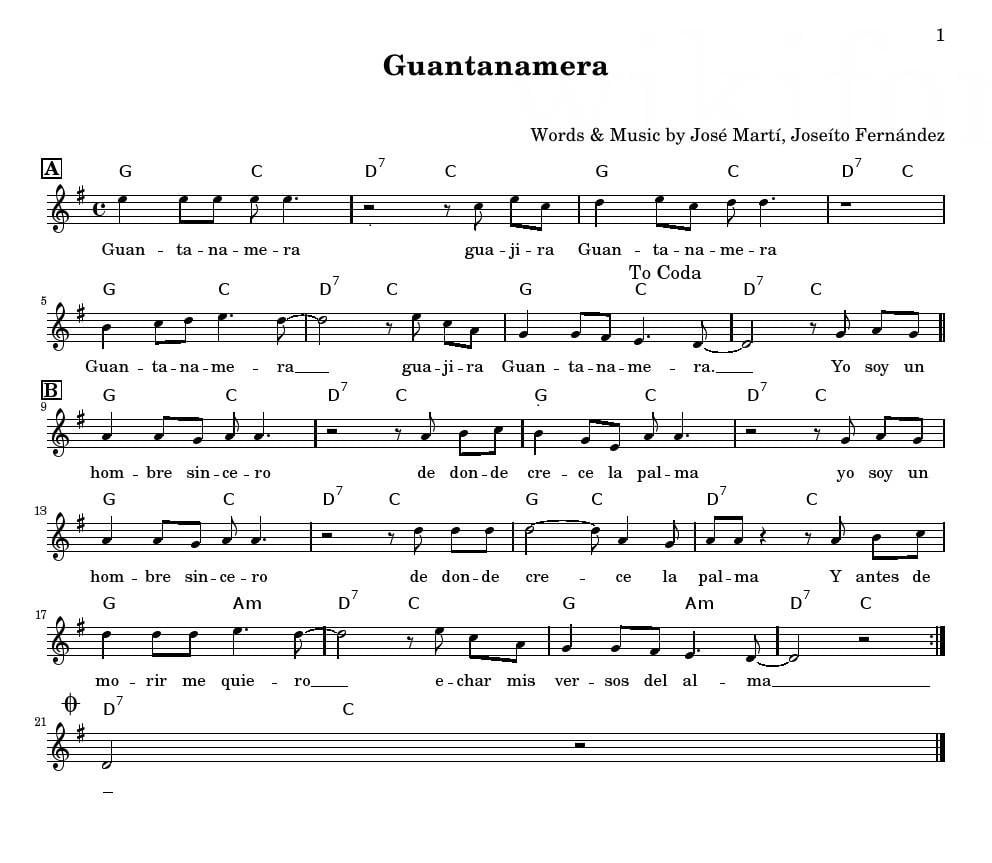 Sheet nhạc Guantanamera - Trang 1