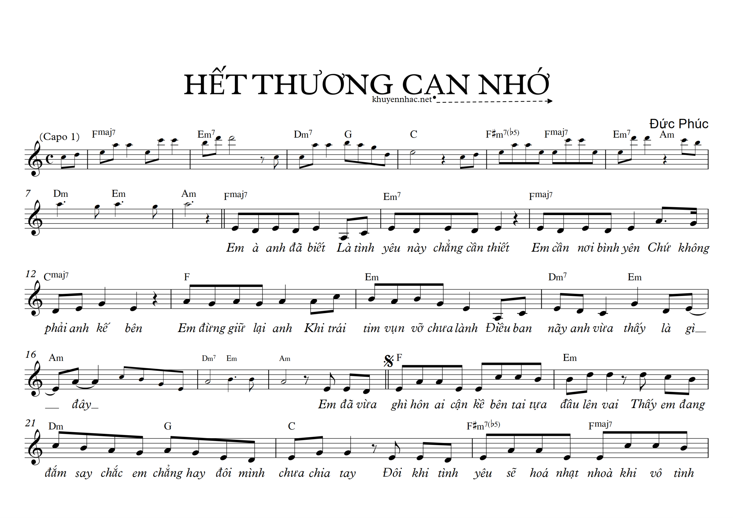 Sheet nhạc Hết thương cạn nhớ - Trang 1
