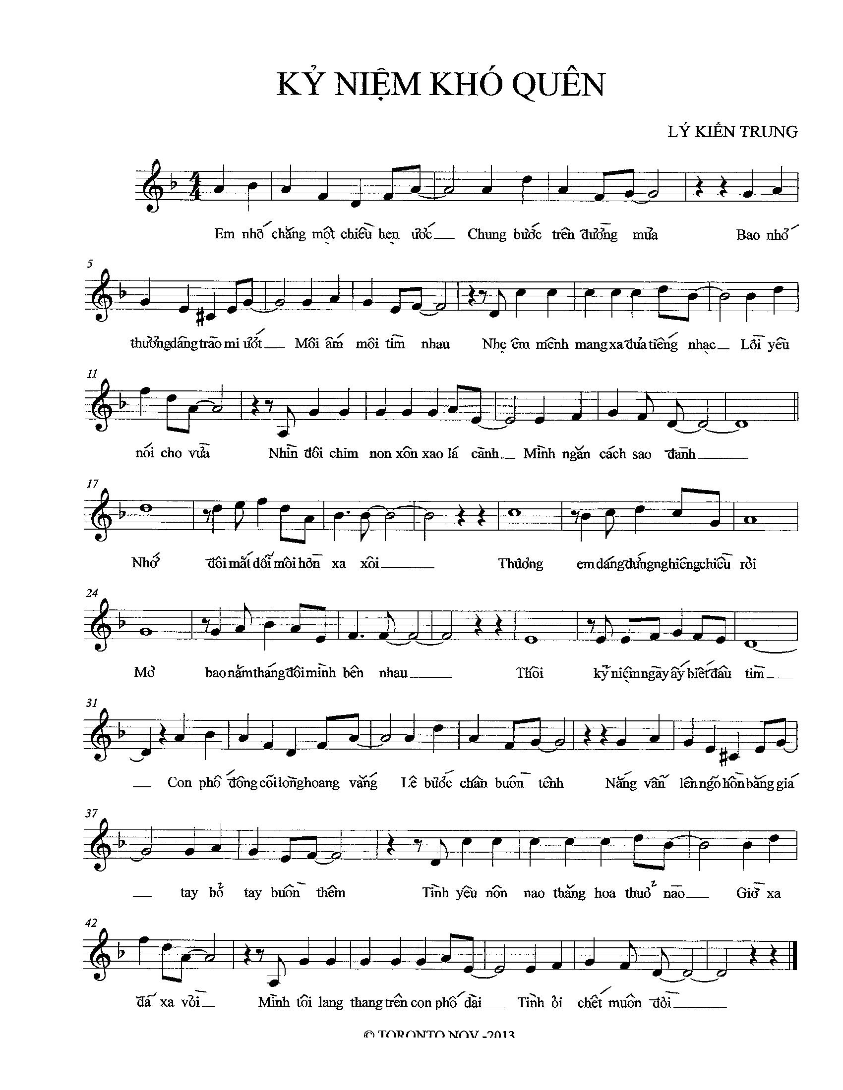 Sheet nhạc Kỷ niệm khó quên - Trang 1